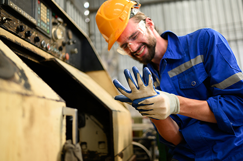 Engineer worker with accident at factory, Worker with injury from machine working